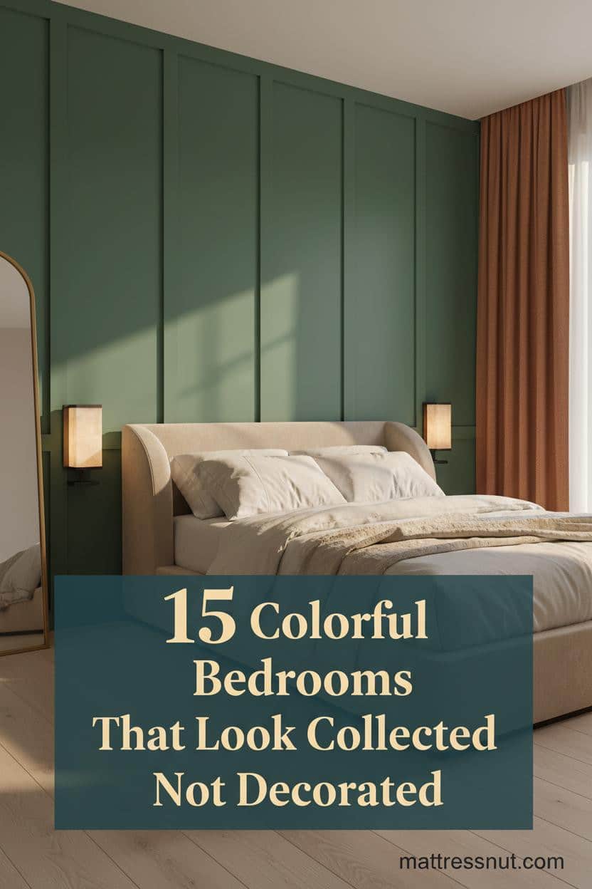 Cozy colorful bedroom with forest green board-and-batten wall, rust linen curtains, ivory boucle bedding, brass mirror, and warm amber sconce lighting