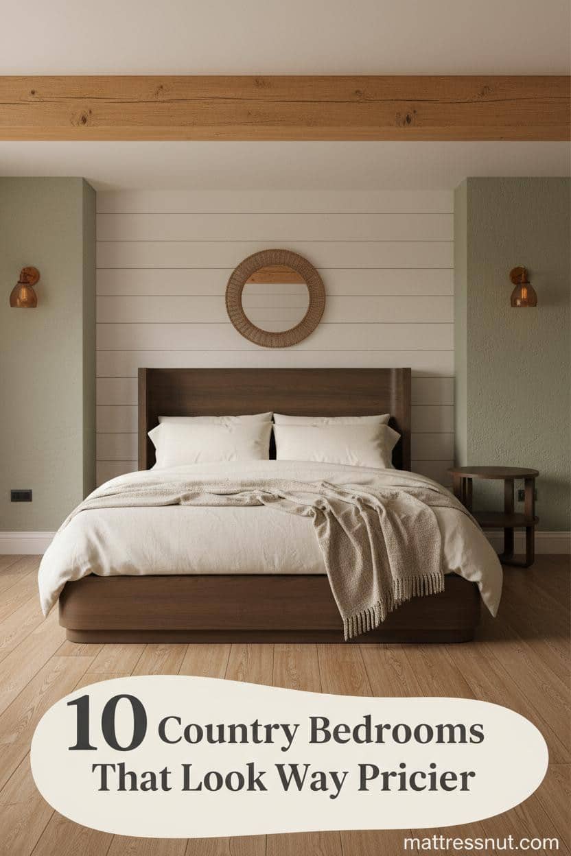 Cozy country bedroom with honey-toned ceiling beam, cream shiplap, sage plaster walls, ivory linen bedding, wicker mirror, and warm amber sconce light