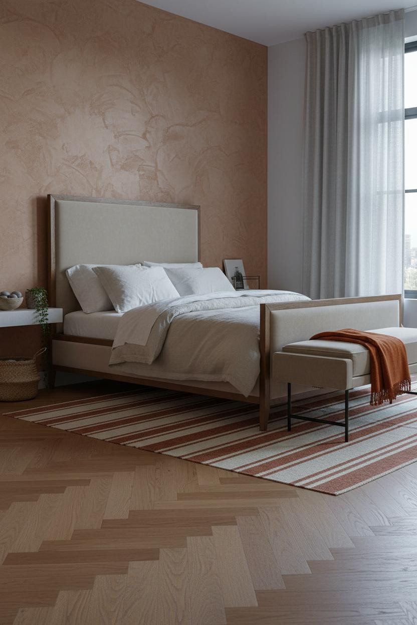 Cozy Elegant Bedroom Clay Plaster Herringbone