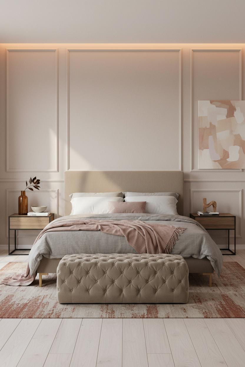 Cozy Elegant Bedroom Cream Wainscoting Romantic