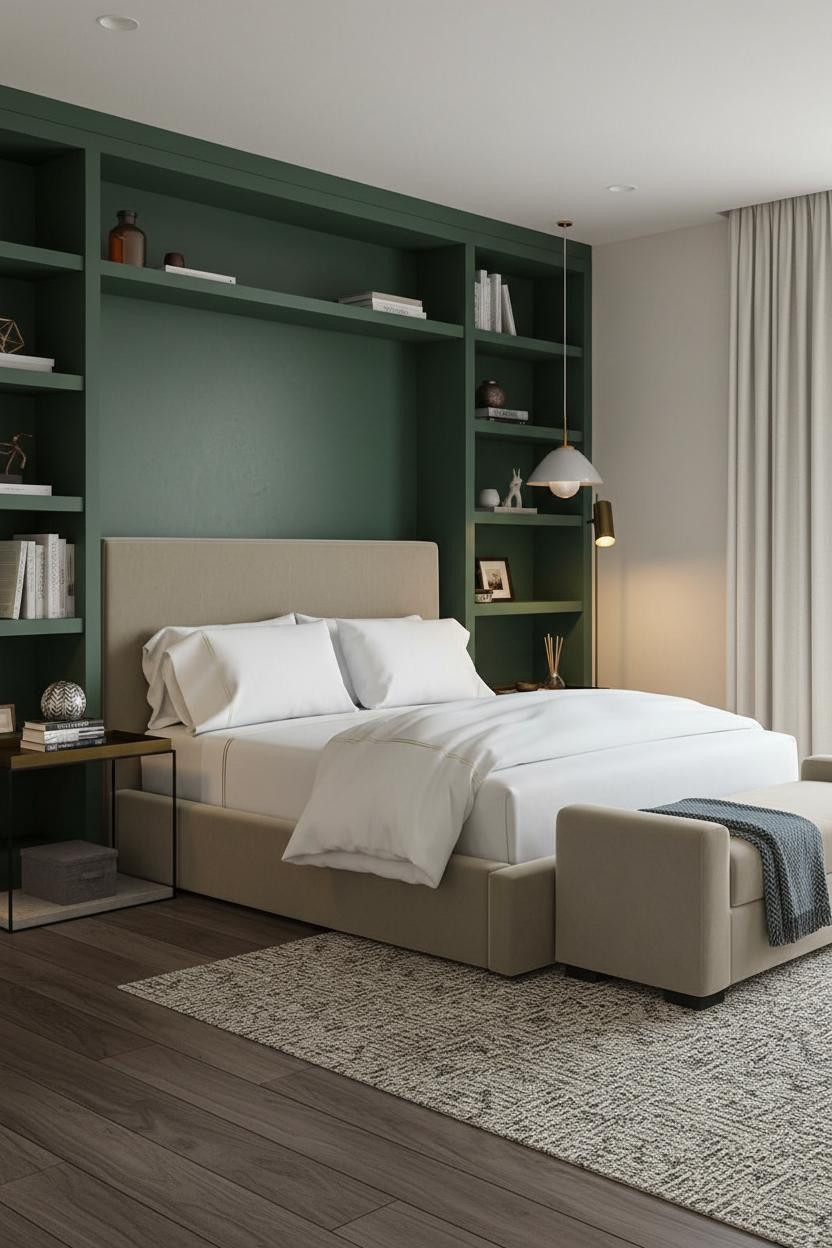 Cozy Elegant Bedroom Forest Green Shelving