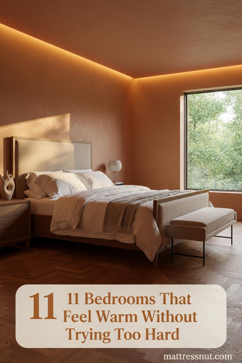Cozy elegant bedroom with clay plaster walls, ivory linen bedding, walnut nightstand, herringbone oak floors, and warm amber cove lighting