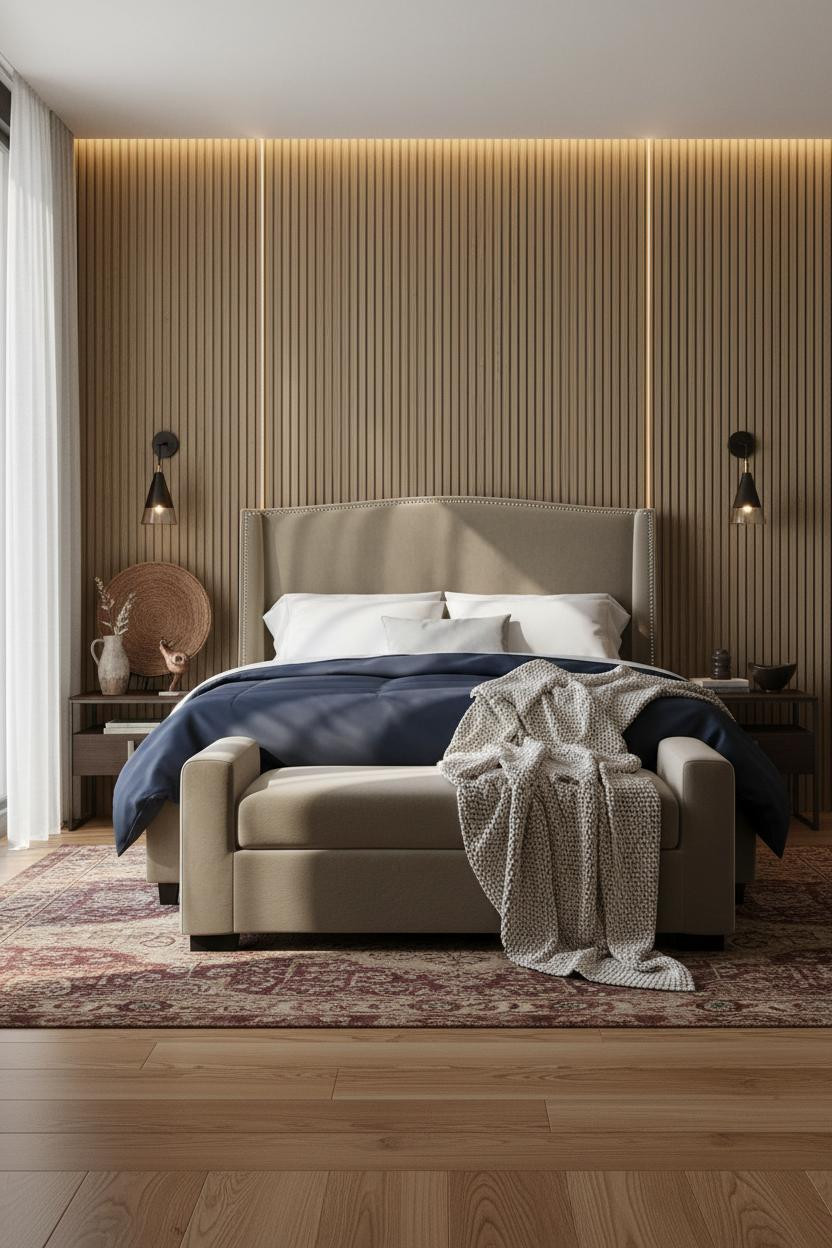 Cozy Elegant Bedroom Slatted Wall Romantic