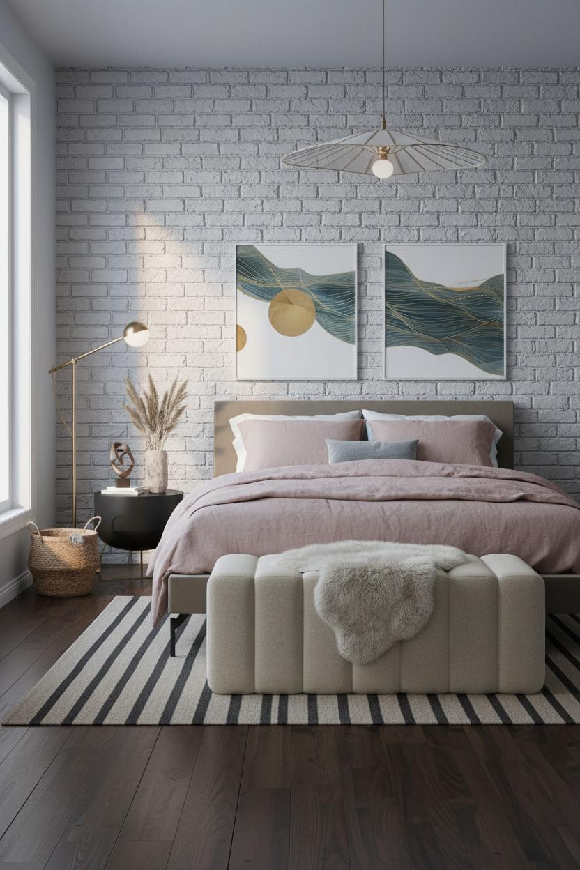 Cozy Elegant Bedroom Whitewashed Brick