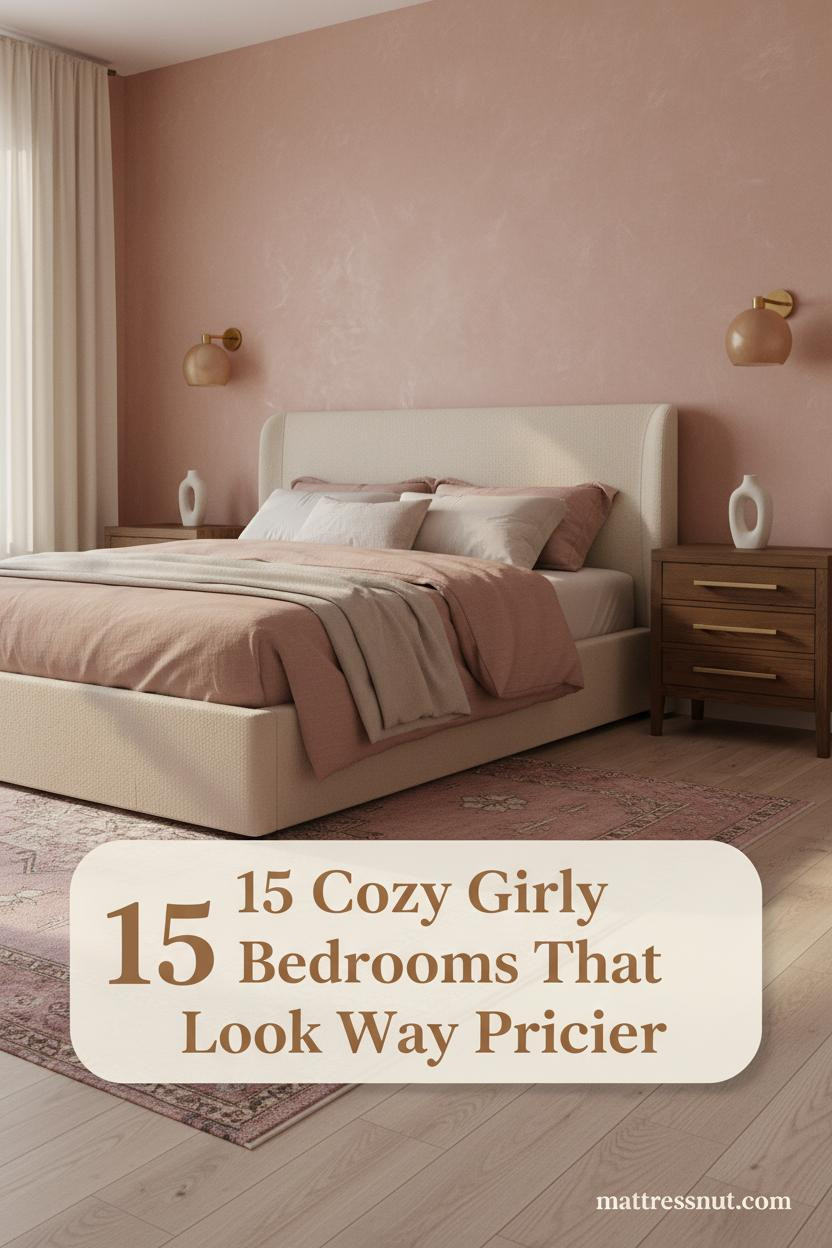 Cozy girly bedroom with rose blush limewash walls, dusty pink linen duvet, ivory pillows, walnut nightstand, and warm amber sconces
