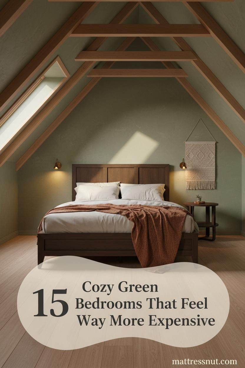 Attic bedroom with sage limewash walls, sloped timber ceiling, ivory percale bedding, rust linen throw, and warm amber sconce lighting
