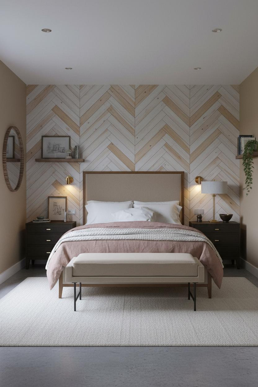 Cozy Guest Bedroom Herringbone Accent Wall