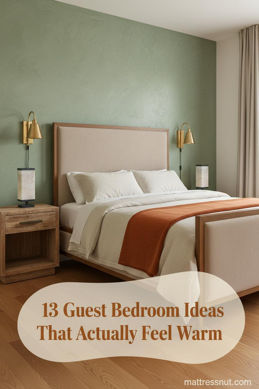 Sage plaster headboard wall with brass sconces, ivory linen duvet, burnt orange wool throw, reclaimed pine nightstand, warm oak floors