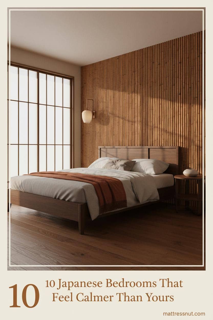Japanese bedroom with amber bamboo reed wall, dark oak floors, linen bedding, rust woven throw, ceramic sconce, and shoji-filtered daylight