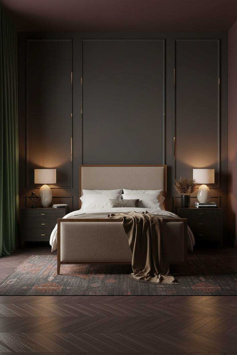 Cozy Luxury Bedroom Dark Charcoal Paneling