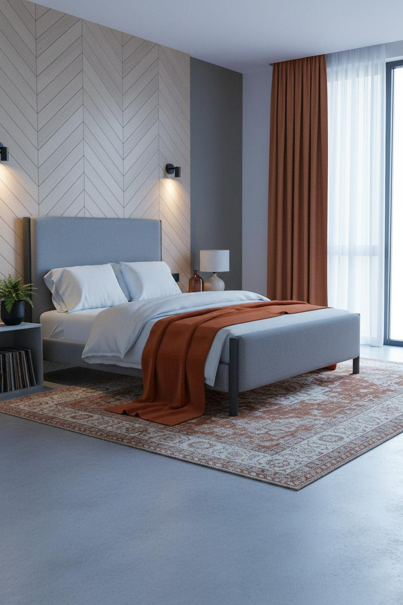 Cozy Luxury Bedroom Herringbone Wood Wall