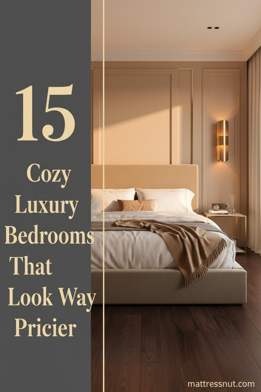 Warm luxury bedroom with honey plaster accent wall, brass sconces casting amber light, ivory linen bedding, camel throw, and dark walnut floors