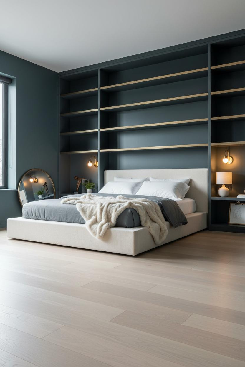 Cozy Luxury Bedroom Japandi Shelving Brass