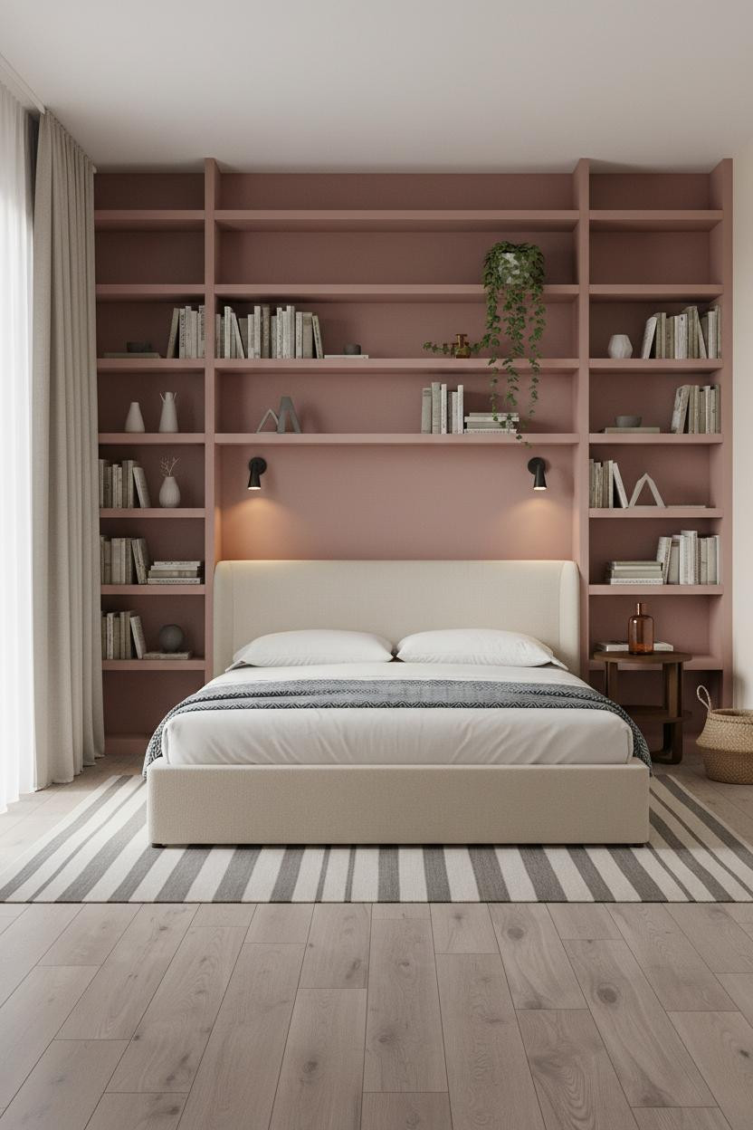 Cozy Studio Apartment Dusty Rose Shelves
