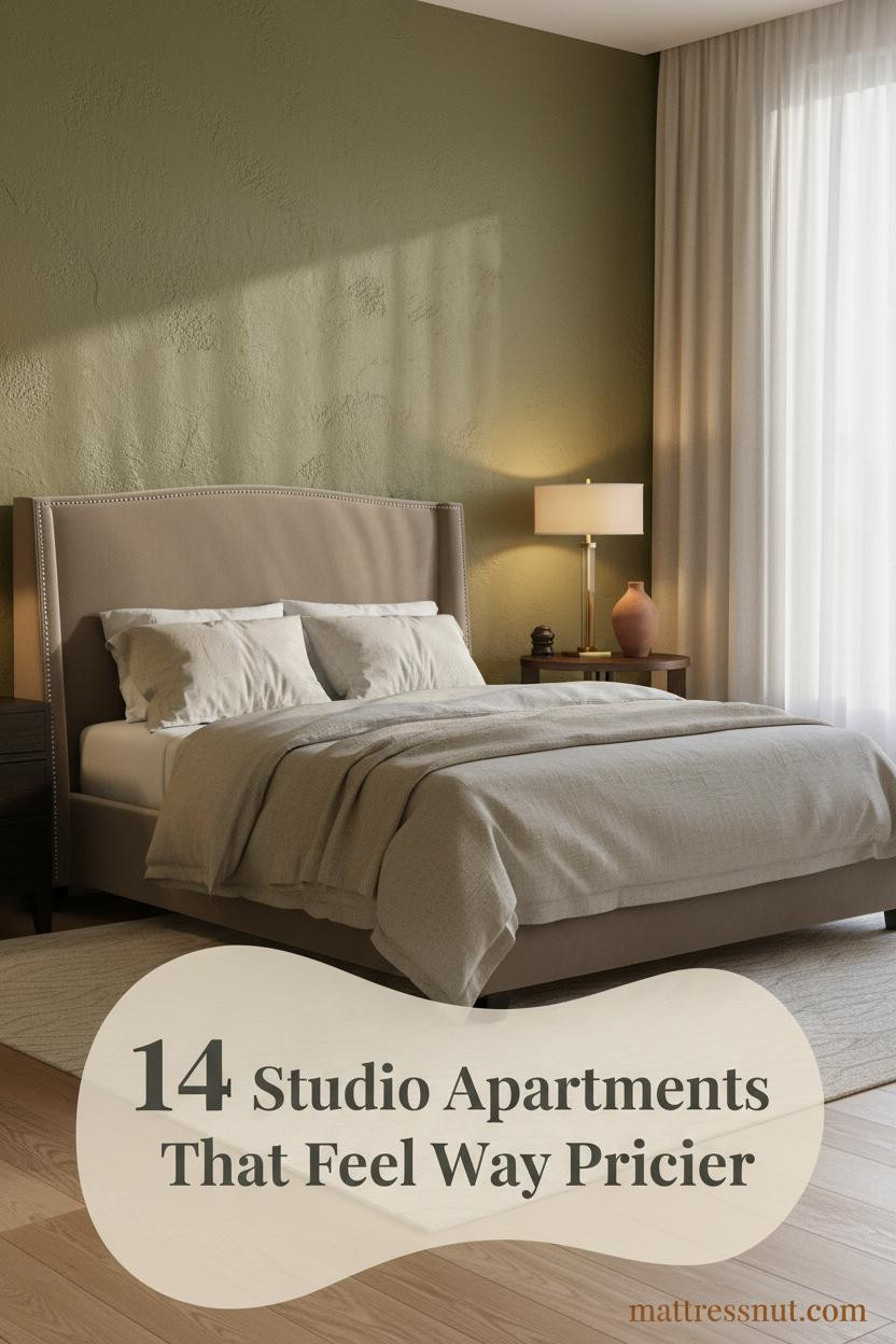 Warm studio apartment with olive plaster accent wall, low platform bed, undyed linen bedding, oak floors, and amber bedside lamp glow