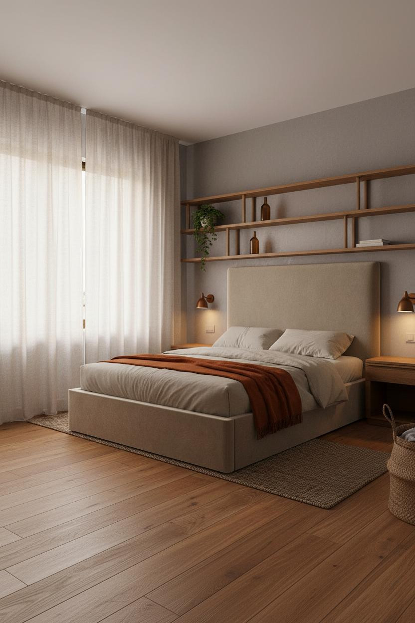 Cozy Studio Apartment Oak Shelving Warm Lighting