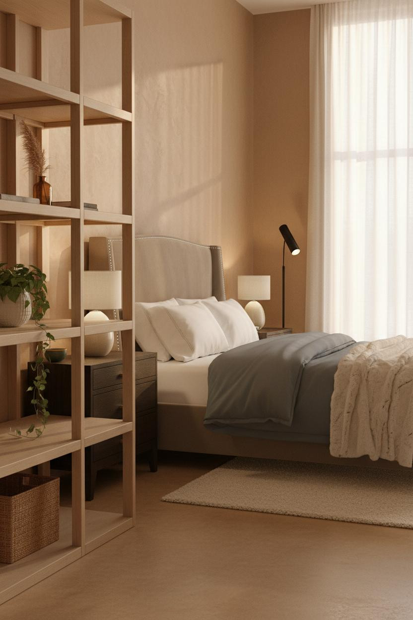 Cozy Studio Apartment Warm Aesthetic Shelving