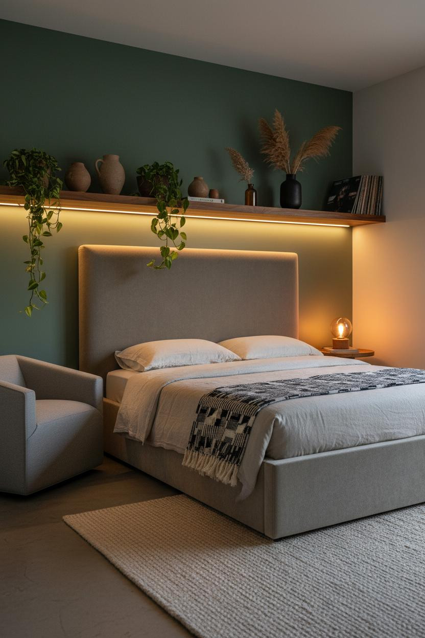 Cute Studio Apartment Boho Walnut Shelf