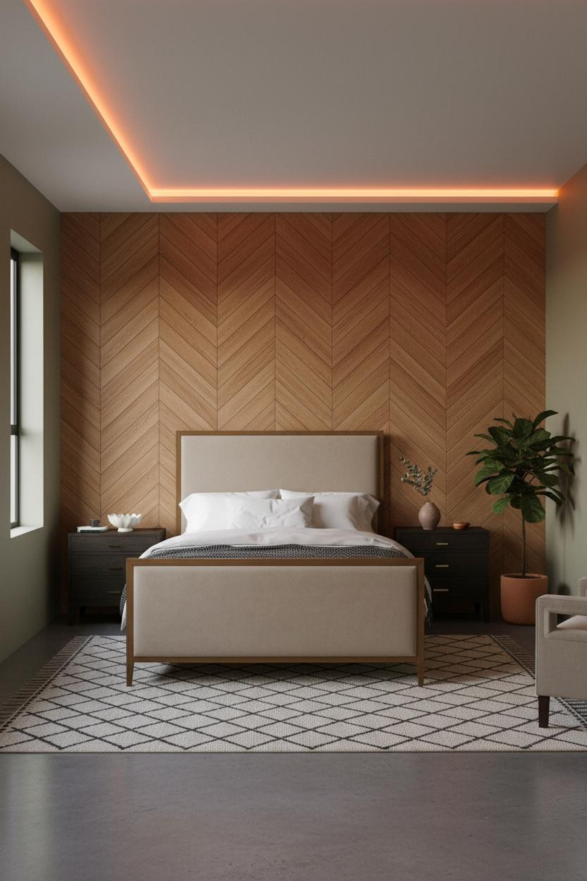 Cute Studio Apartment Herringbone Accent Wall