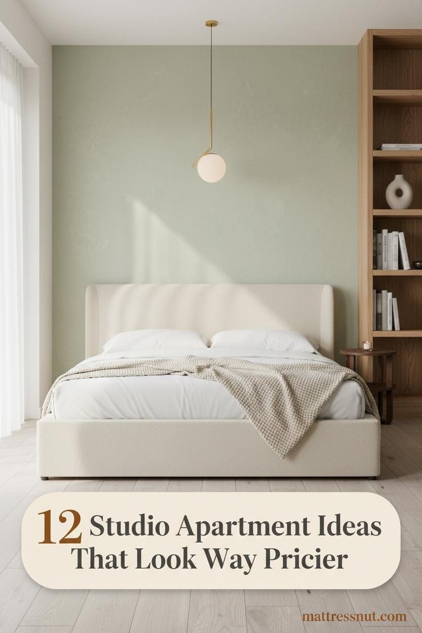 Cozy studio apartment with sage limewash wall, oak shelving, cream linen bedding, boucle texture, ceramic vase, and warm pendant lighting