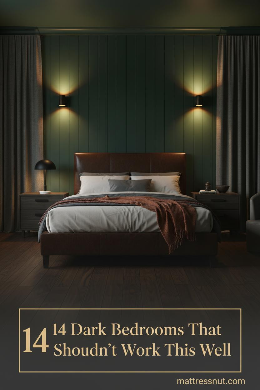 Dark moody bedroom with deep forest green shiplap walls, charcoal linen curtains, layered bedding, rust wool throw, and warm amber sconce lighting