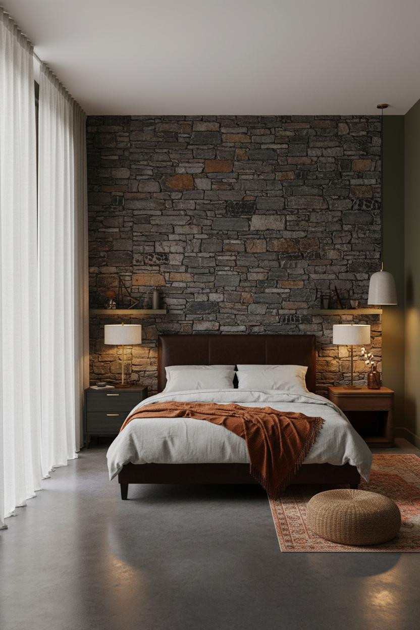 Dark Boho Bedroom Stone Accent Moody