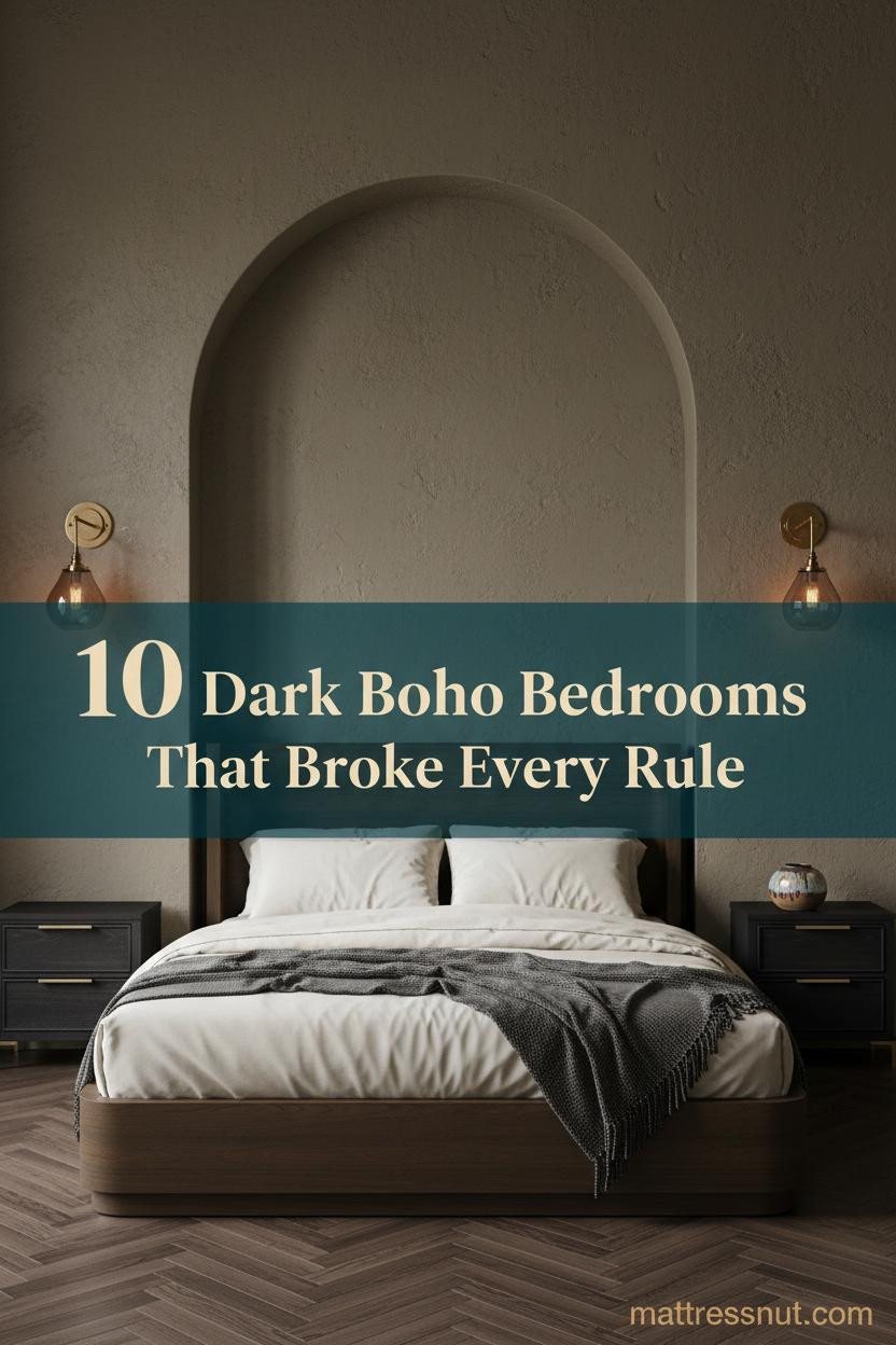 Dark boho bedroom with ochre-grey plaster walls, carved arched niche, amber brass sconces, herringbone oak floors, and moody earthy tones