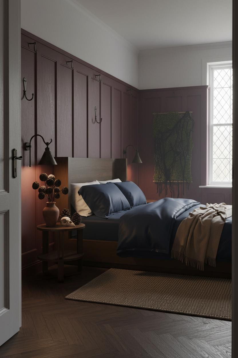 Dark Cottagecore Bedroom Burgundy Wainscoting