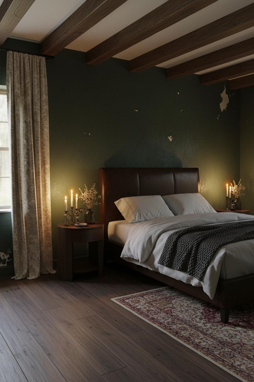 Dark Cottagecore Bedroom Forest Green Candlelit