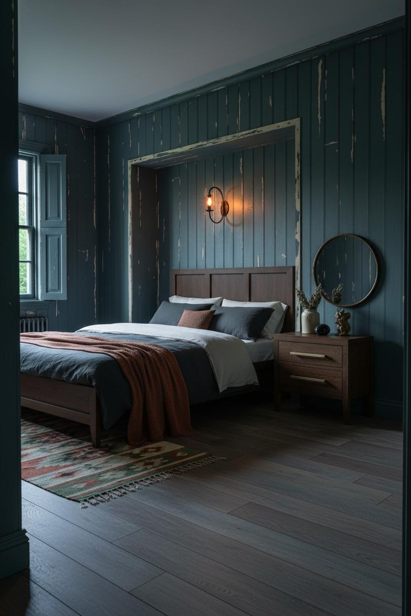 Dark Cottagecore Bedroom Teal Shiplap Forest