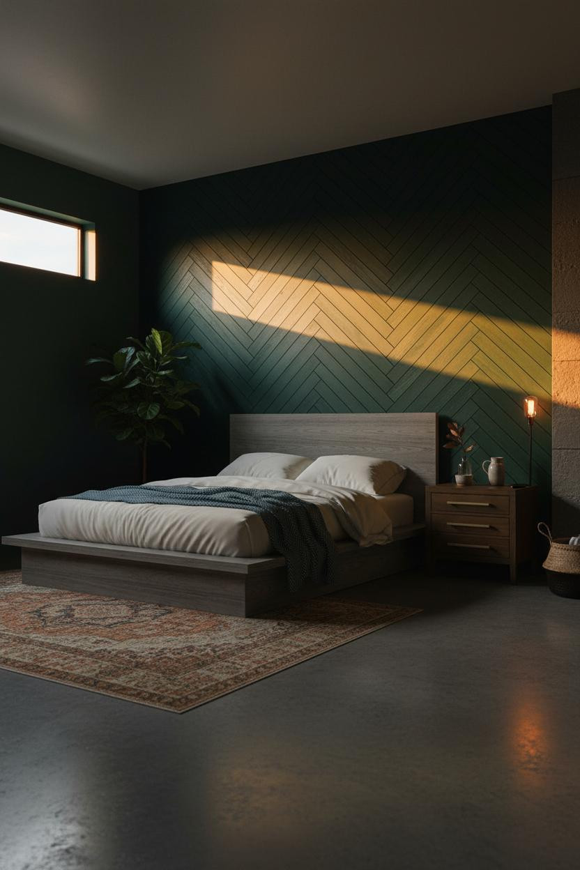 Dark Green Moody Bedroom Herringbone Accent Wall