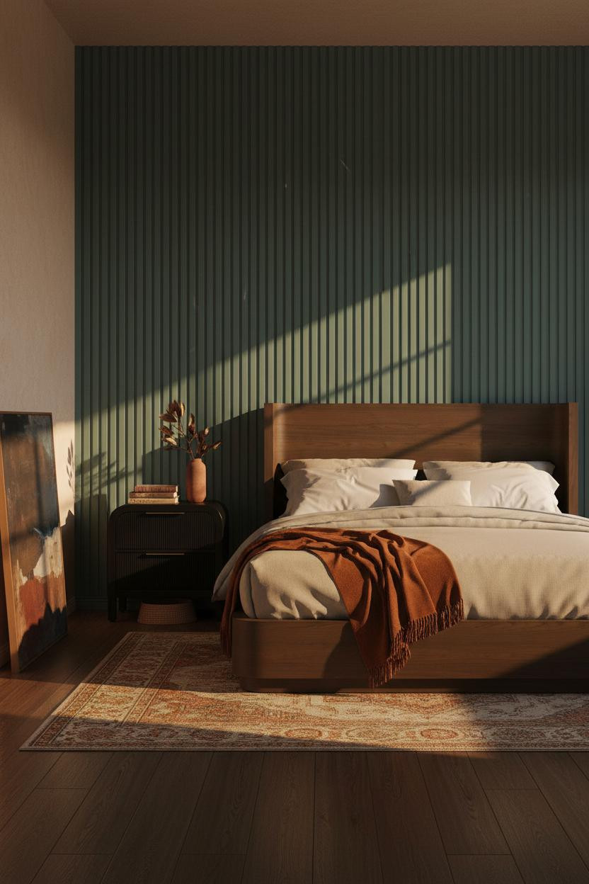 Dark Green Moody Bedroom Slatted Wood