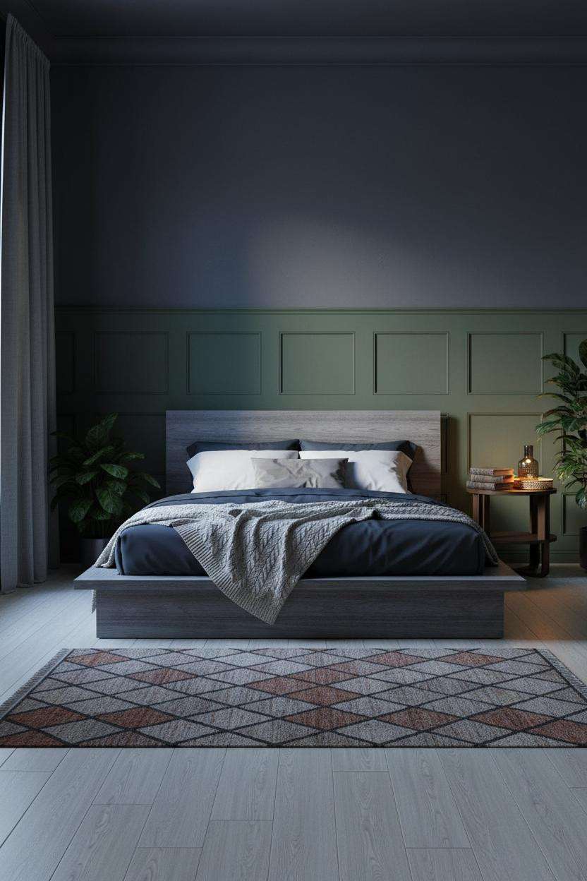 Dark Green Moody Bedroom Wainscoting