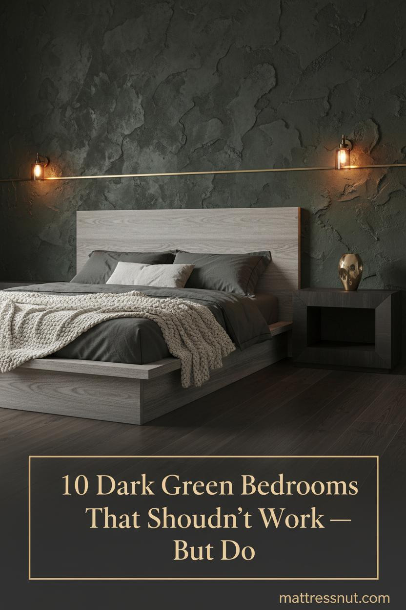 Moody bedroom with deep moss-charcoal plaster accent wall, dark oak floors, charcoal linen bedding, brass sconces, and sculptural nightstand vase
