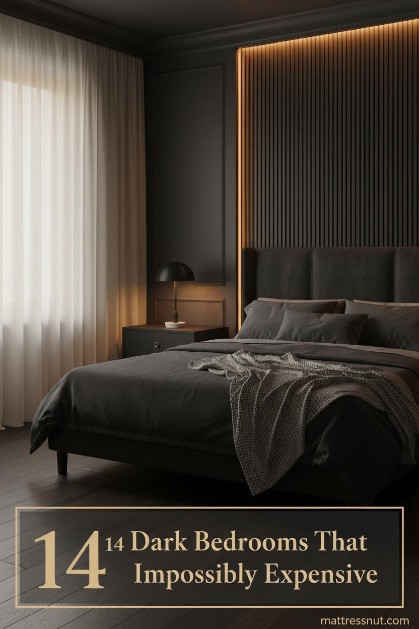 Dark luxury bedroom with charcoal velvet bedding, ebony fluted headwall, amber cove lighting, ivory linen curtains, and aged brass accents