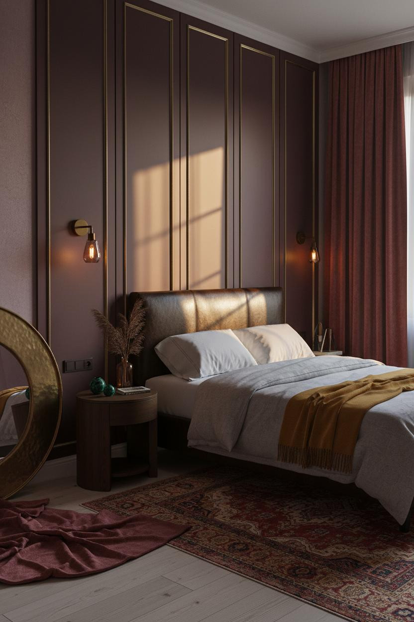 Dark Maximalist Bedroom Burgundy Paneling Brass