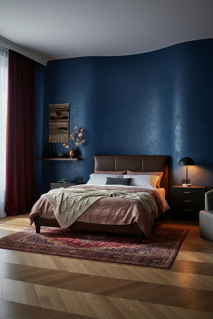 Dark Maximalist Bedroom Cobalt Wall Layered Textiles