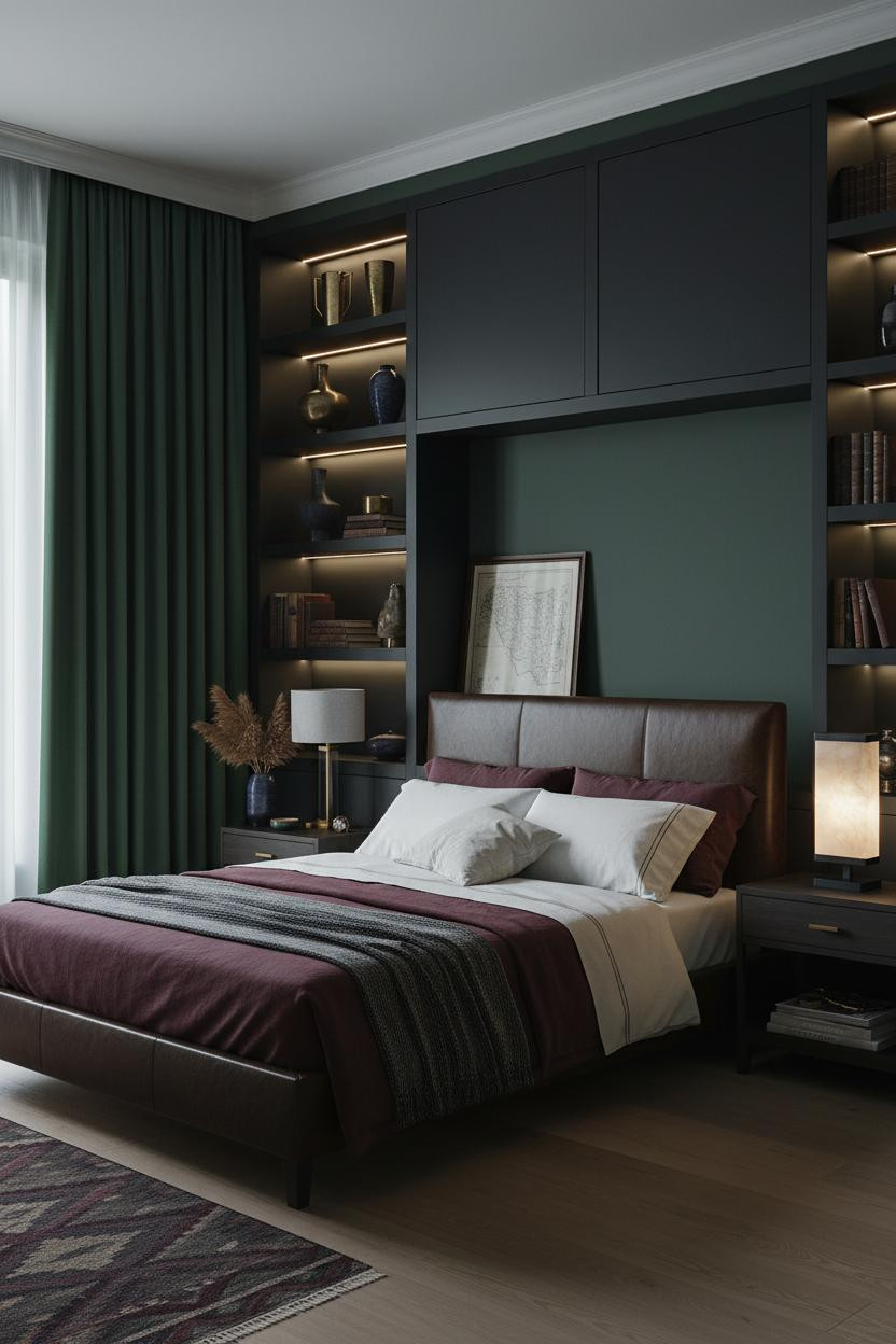 Dark Maximalist Bedroom Forest Green Shelving
