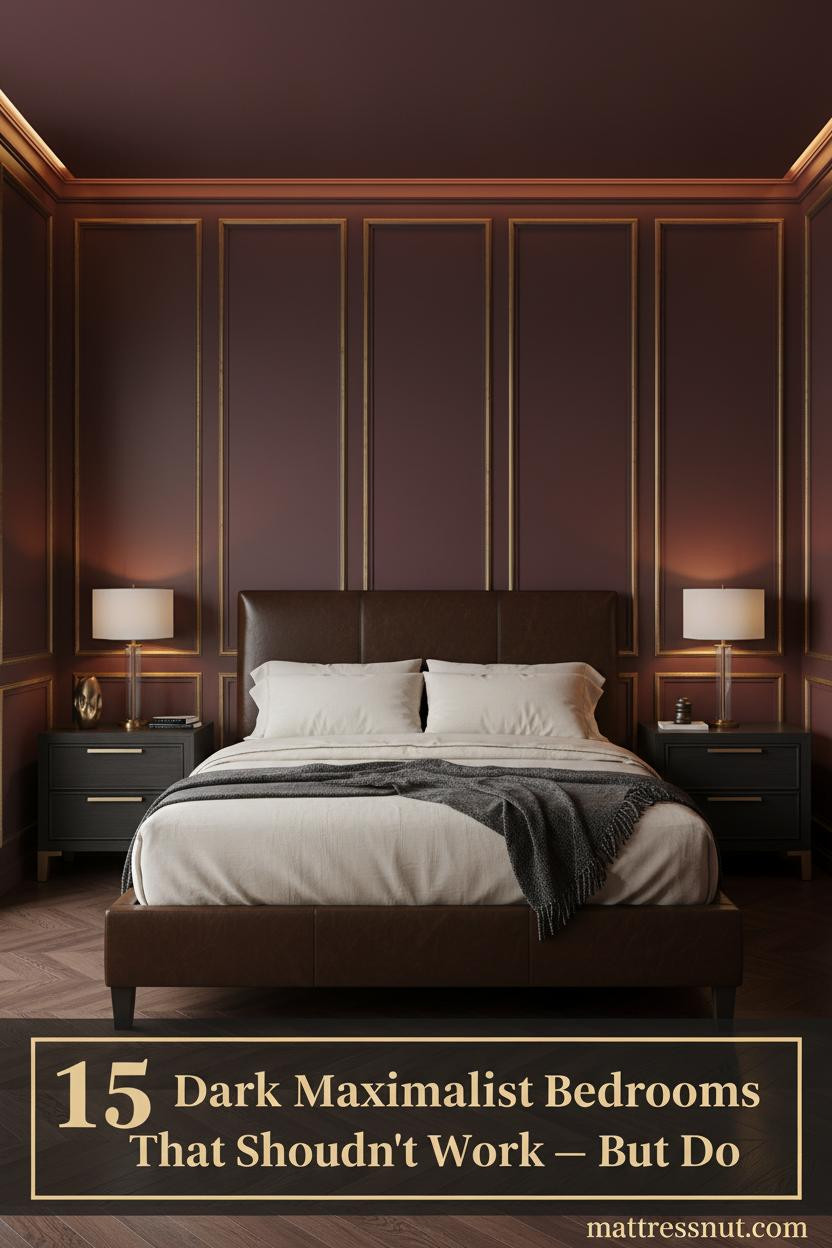 Dark maximalist bedroom with burgundy board-and-batten paneling, aged brass accents, walnut herringbone floors, and ivory linen bedding