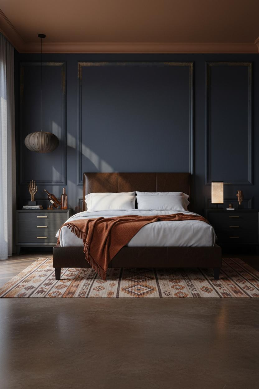 Dark Maximalist Bedroom Indigo Paneled Headwall