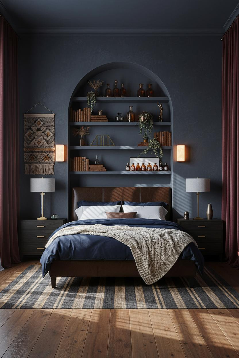 Dark Maximalist Bedroom Indigo Shelves Bronze