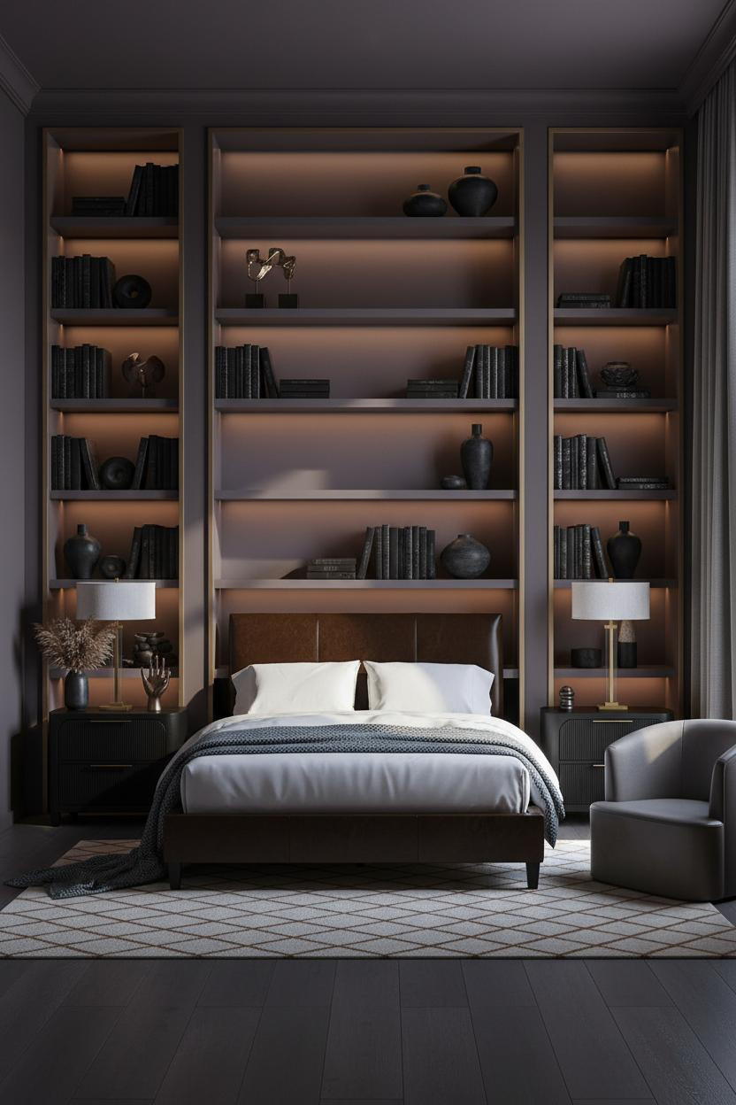 Dark Maximalist Bedroom Jewel Tones Shelving