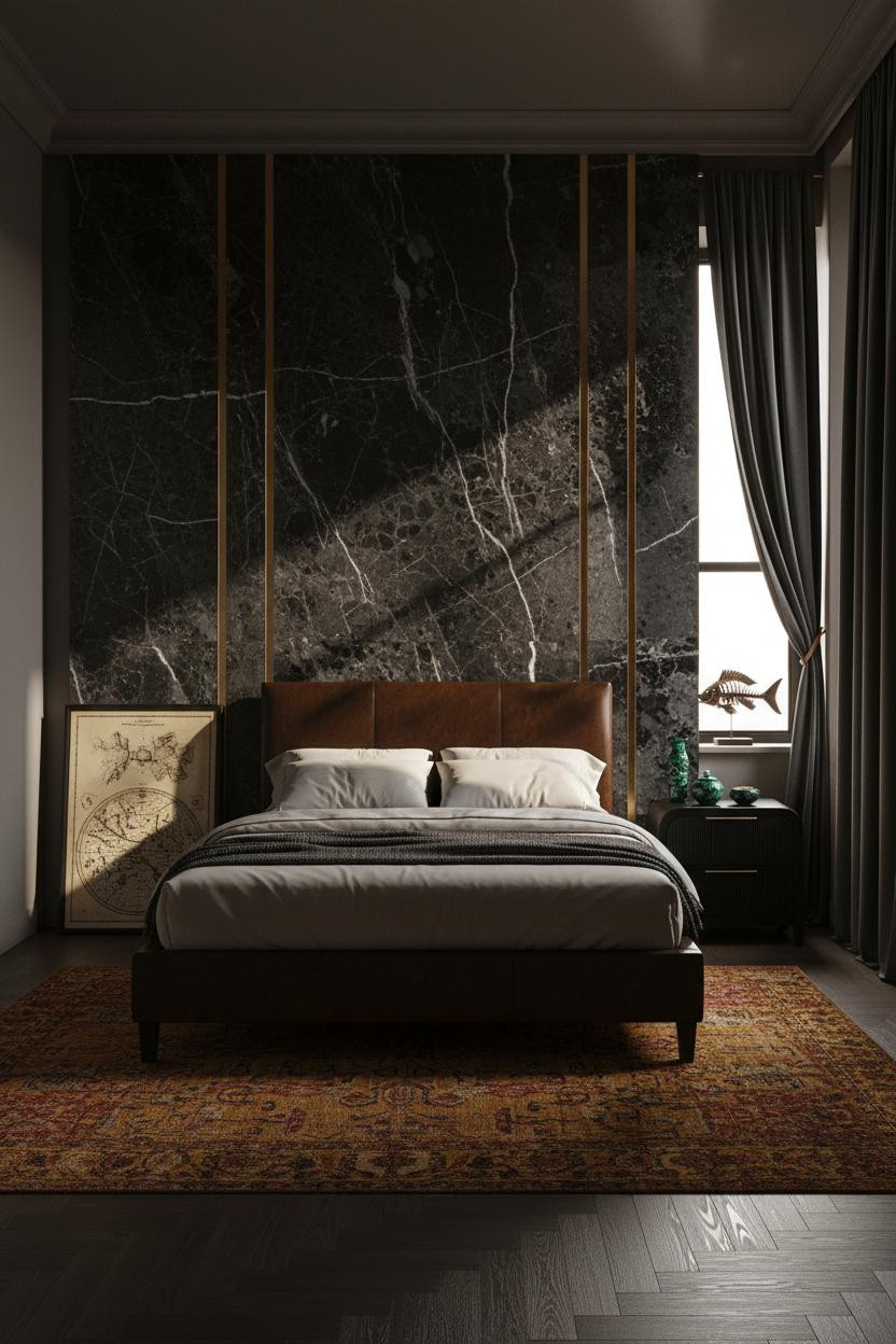 Dark Maximalist Bedroom Marble Jewel Tones
