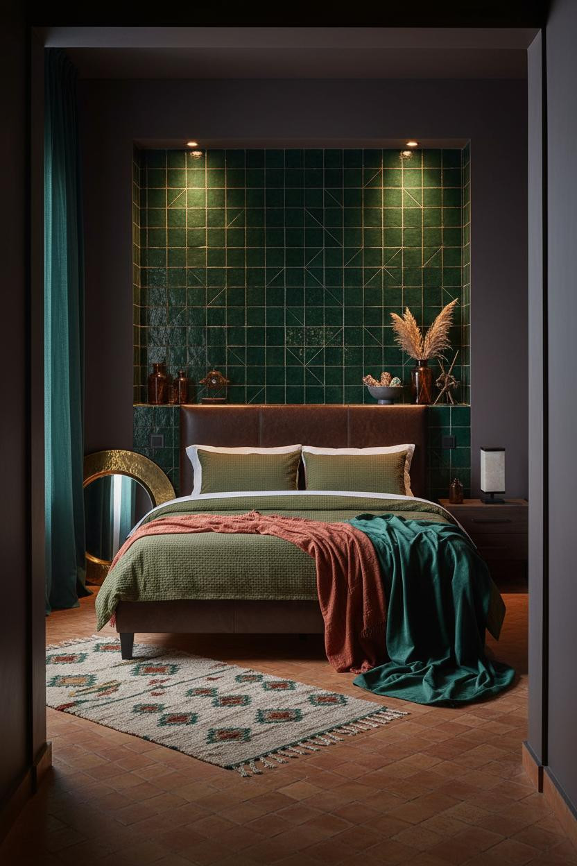 Dark Maximalist Bedroom Moroccan Zellige Brass