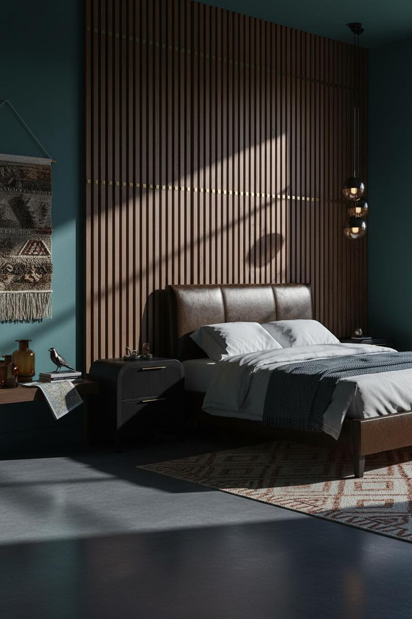 Dark Maximalist Bedroom Walnut Panels Teal