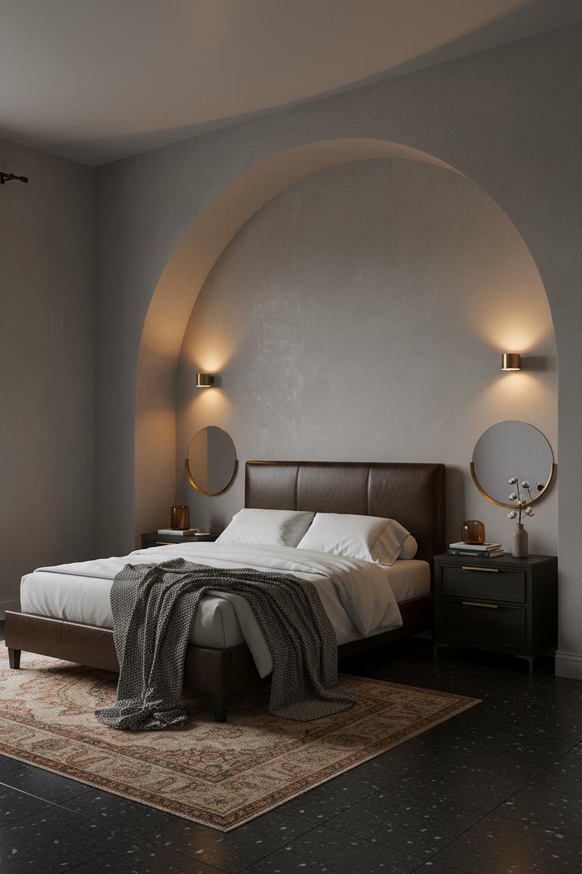 Dark Moody Bedroom Arched Niche Warm Lighting