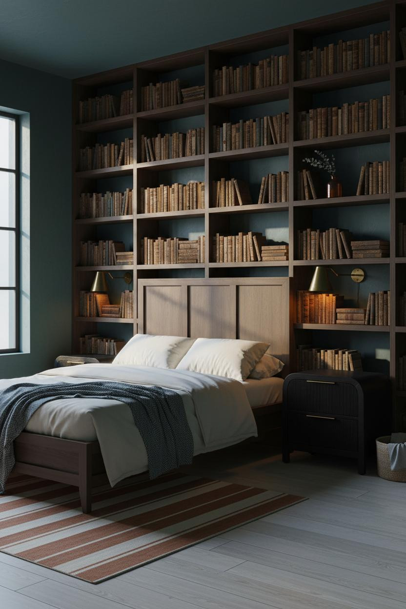 Dark Moody Bedroom Bookcase Brass Sconces Lighting