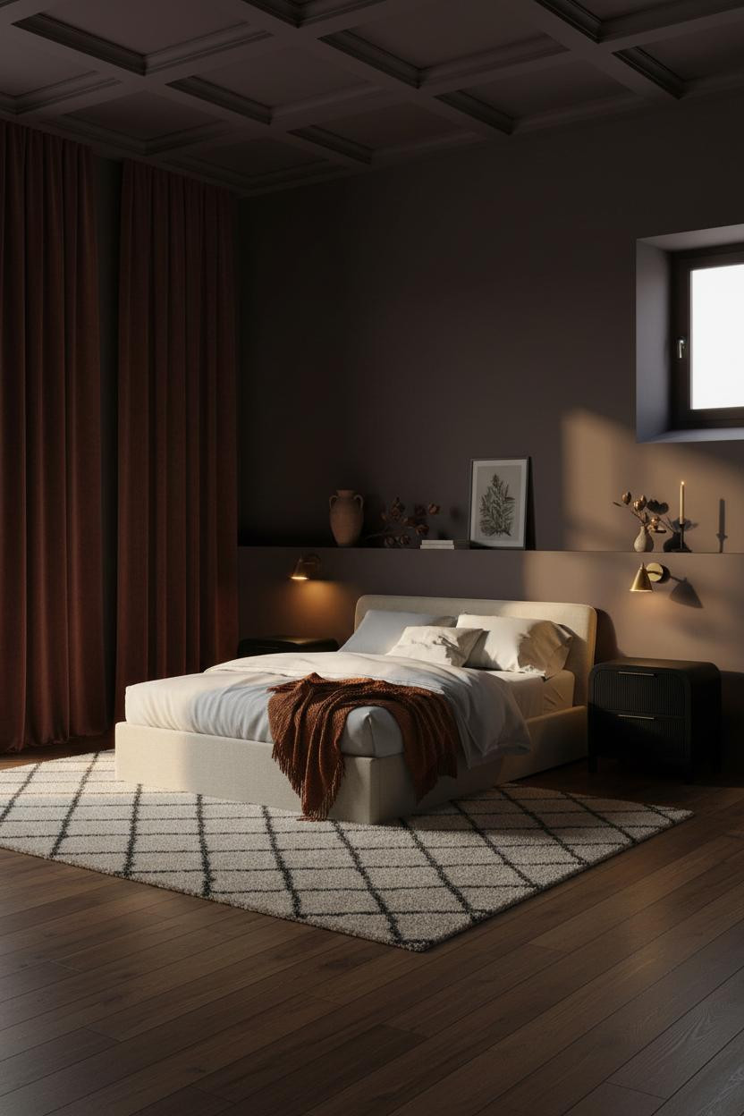Dark Moody Bedroom Burgundy Velvet Lighting