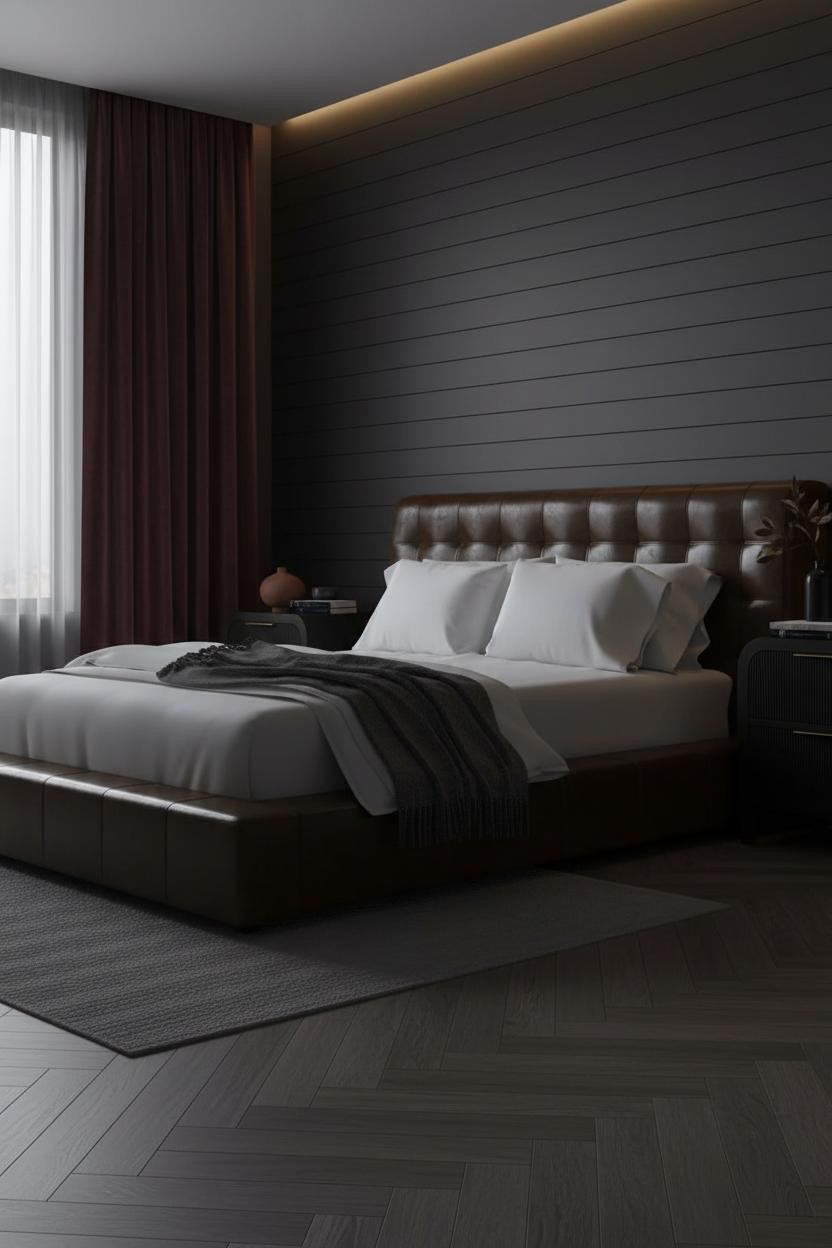 Dark Moody Bedroom Charcoal Shiplap Plum