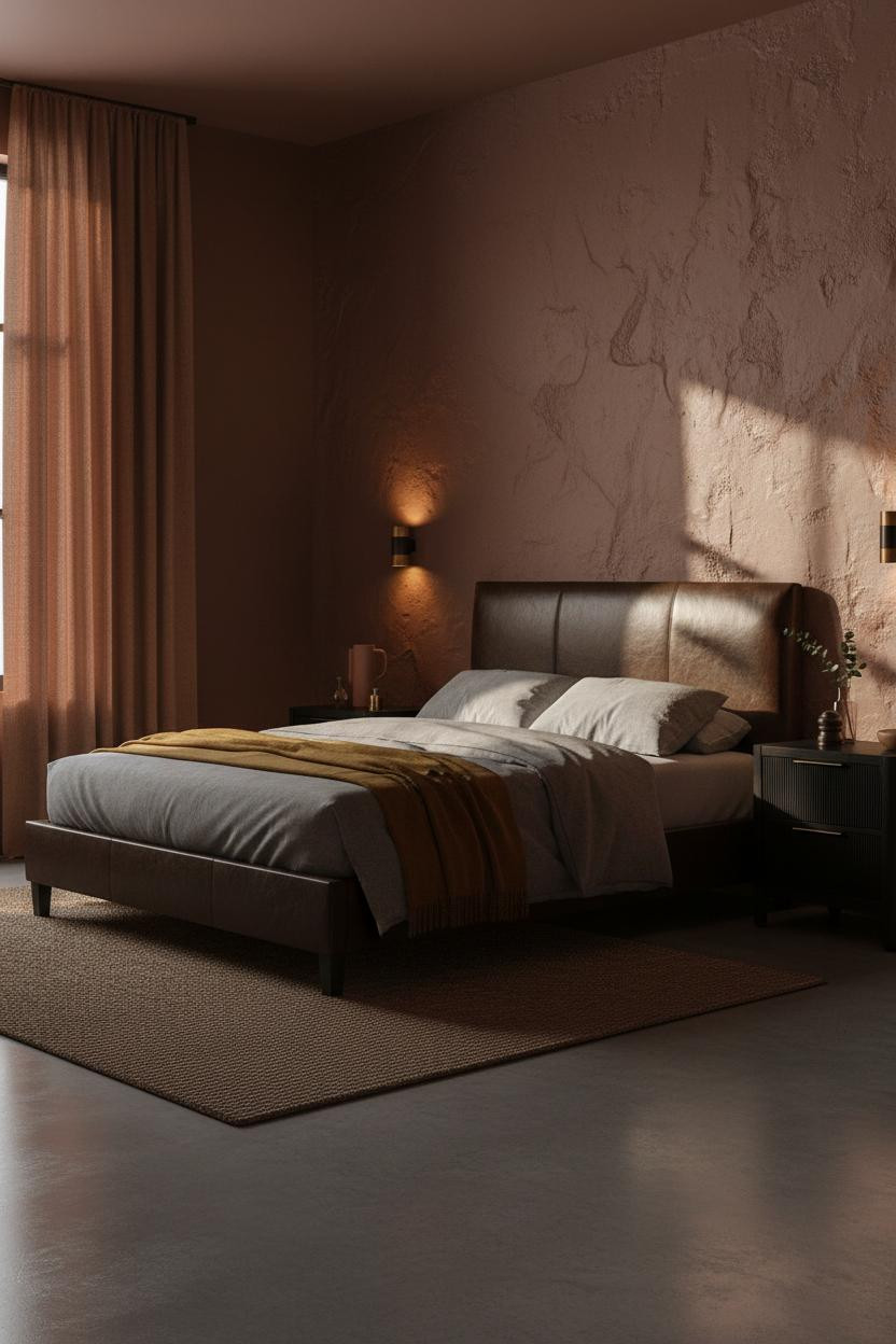 Dark Moody Bedroom Earthy Textured Plaster